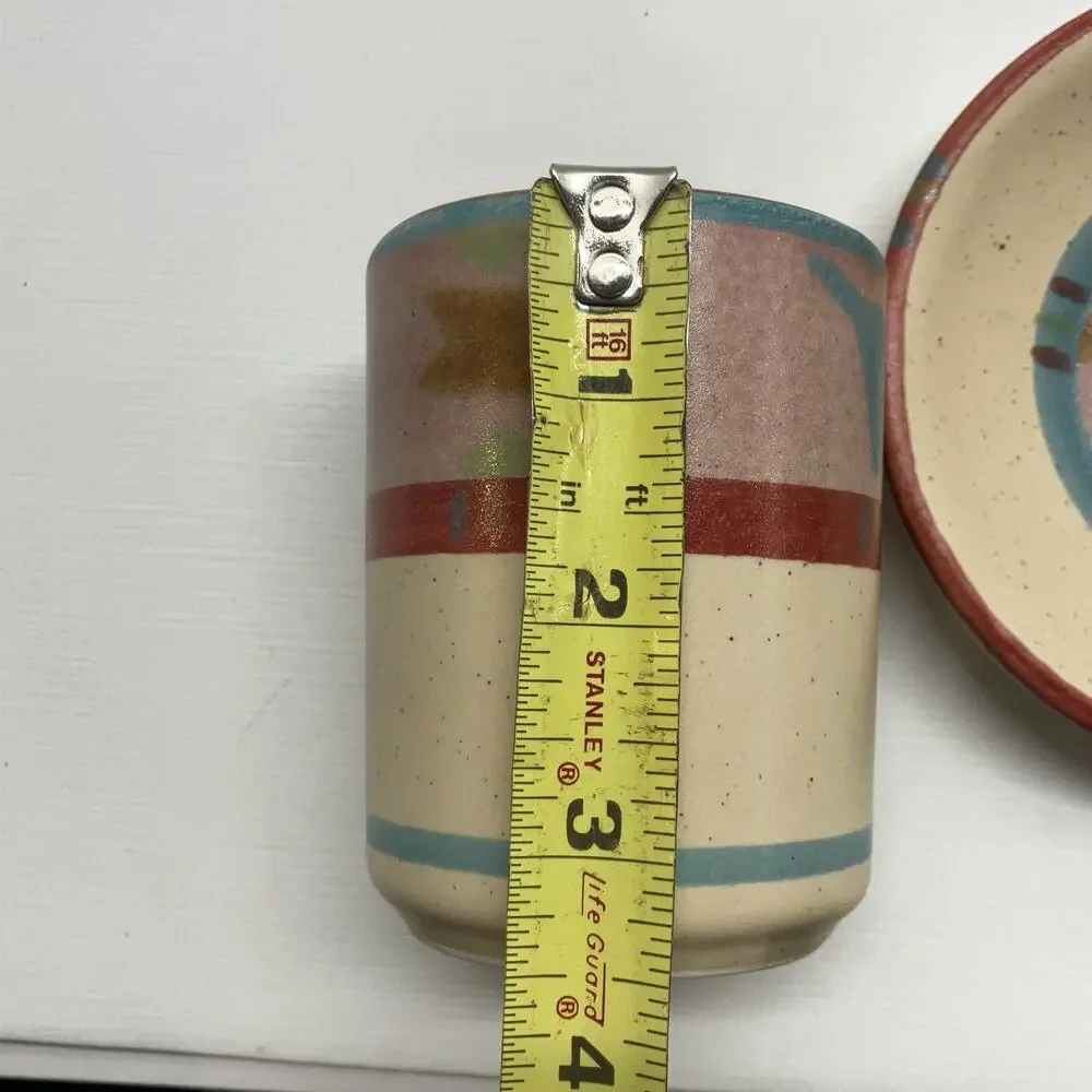 Southwestern Ceramic Cup and Saucer Set Handleless Geometric Tan Blue Pink Aztec